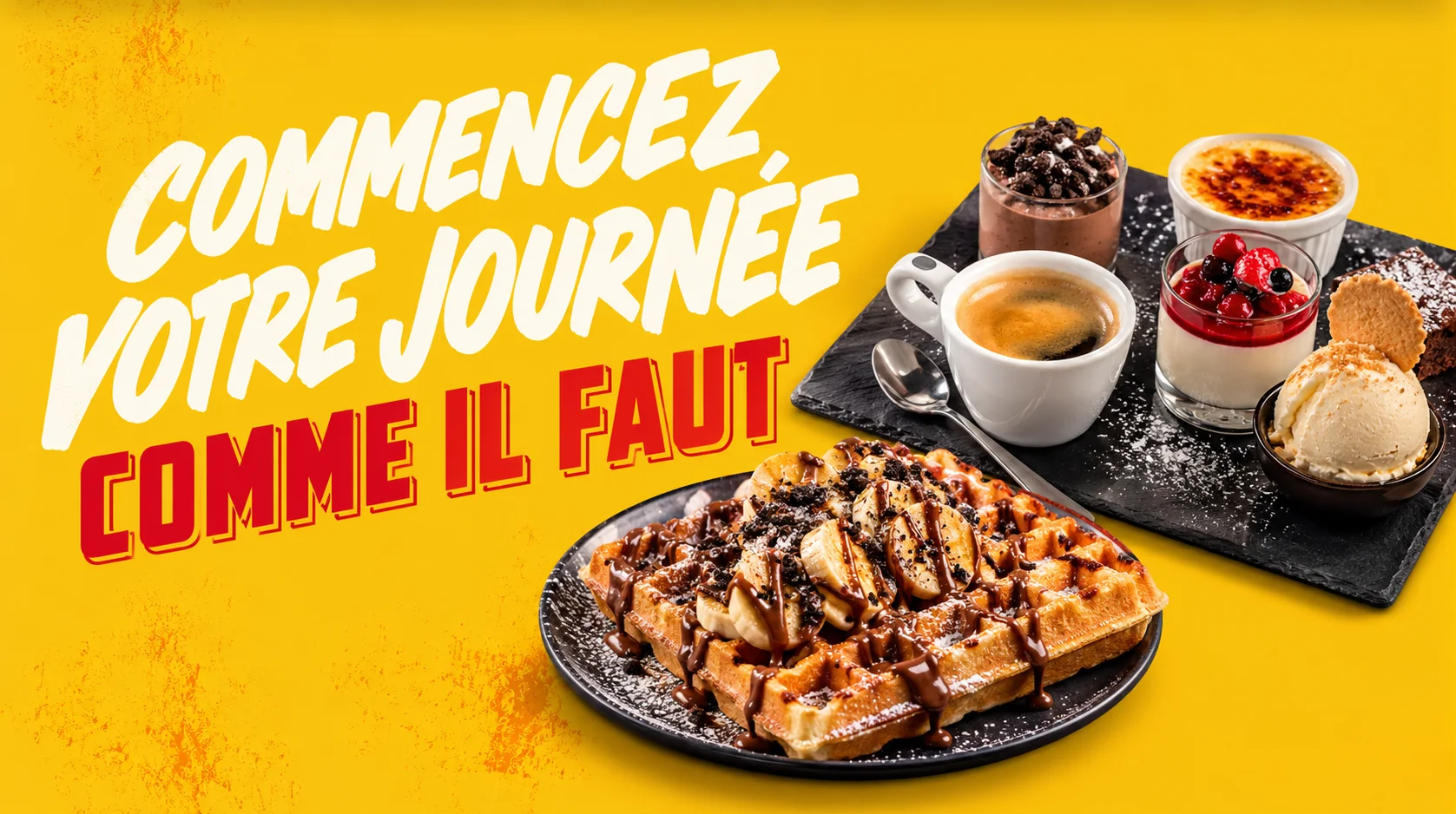Gaufre au chocolat, banane et desserts gourmands